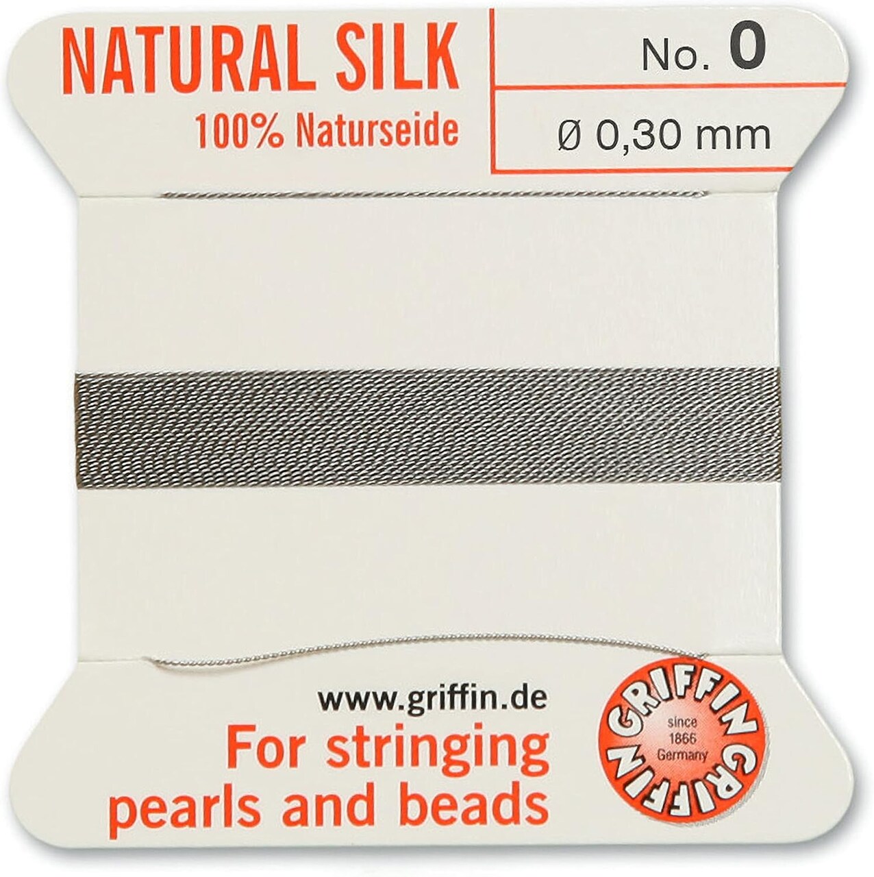 Griffin Silk Bead Cord Perlseide – Size 0 (0.30mm) – 2 Meters per Card – Stainless Steel Needle Attached – for Knotting Pearls, Gemstones, Crystals and Beads